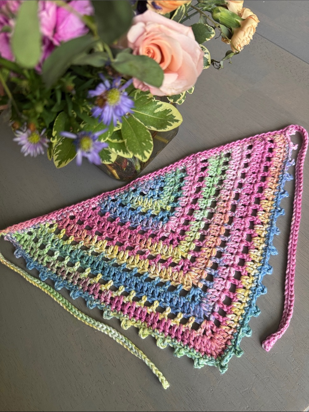 Handmade Crocheted Bandana Hair Scarf Kerchief in Pastel Rainbow 100% Cotton